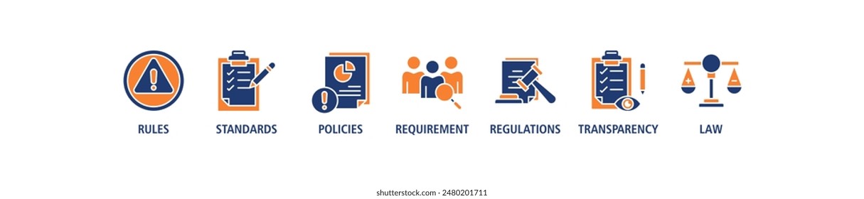 Compliance web banner icon set concept vector illustration contain rules, standards, policies, requirements, regulations, transparency and law.