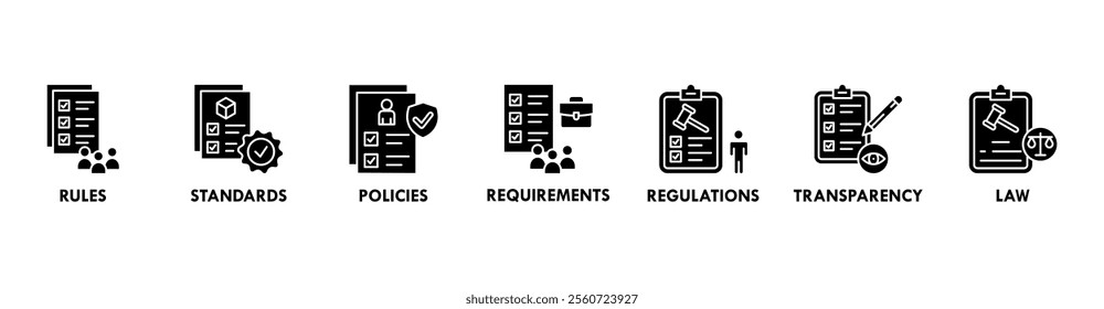 Compliance web banner icon set concept vector illustration contain rules, standards, policies, requirements, regulations, transparency, and law