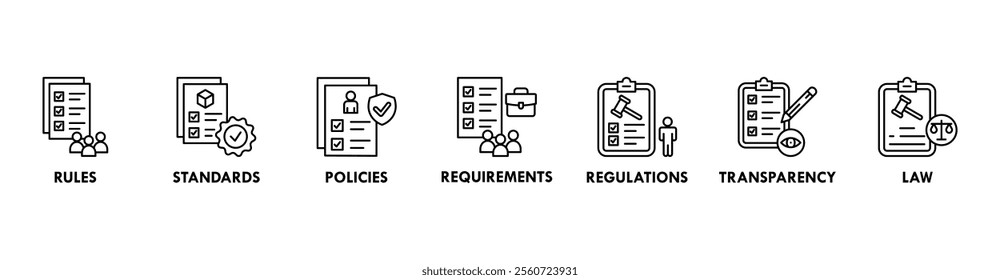 Compliance web banner icon set concept vector illustration contain rules, standards, policies, requirements, regulations, transparency, and law