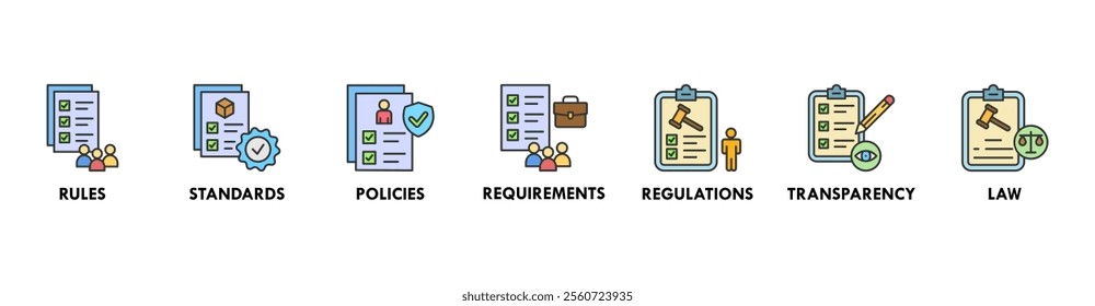 Compliance web banner icon set concept vector illustration contain rules, standards, policies, requirements, regulations, transparency, and law