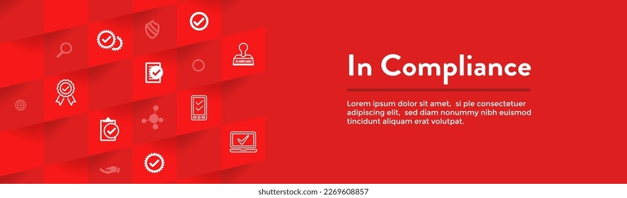 En Cumplimiento de normas, banner de encabezado web con conjunto de iconos que muestra una inspección superada por una empresa 
