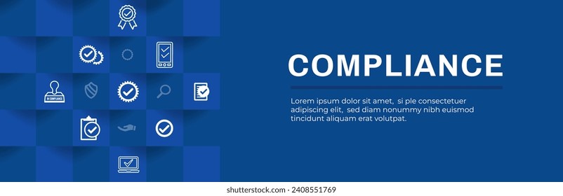 Cabecera web de cumplimiento Icono de aprobación e iconos de marca de verificación