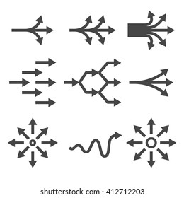 Complicate Icon Set. Diversification Process In Business. Split From Single To Many. From Simple To Complex Arrow Diagrams.