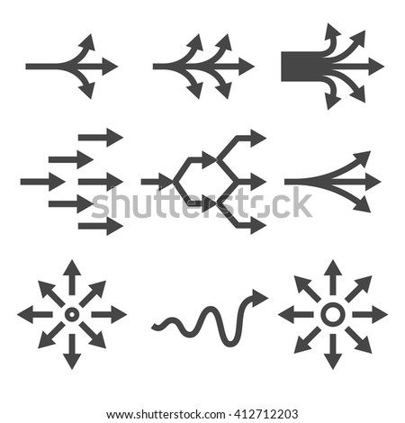 Complicate icon set. Diversification process in business. Split from single to many. From simple to complex arrow diagrams.