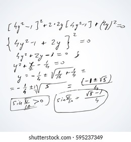 Complicate lab research derivatives manuscript complex test task plot isolated on white backdrop. Freehand linear black ink hand drawn draft in retro grungy scribble graph sketch style pencil on sheet