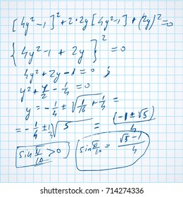 Complicate lab research manuscript of test task isolated on white checkered backdrop. Freehand linear blue ink hand drawn plot draft in grungy scribble graph sketch style pencil on sheet