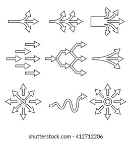 Complicate Outline Icon Set. Diversification Process In Business. Split From Single To Many. From Simple To Complex Arrow Diagrams.