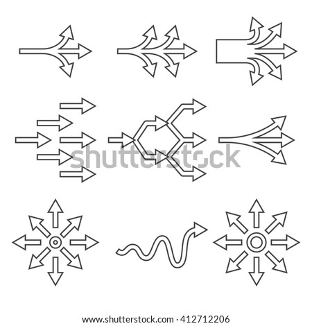 Complicate outline icon set. Diversification process in business. Split from single to many. From simple to complex arrow diagrams.