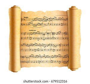 Complicated abstract melody notes on old textured scroll isolated on white