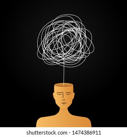 complicated abstract mind illustration. empty head with messy line inside. tangled scribble doodle vector path design.