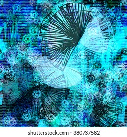 Complicated blue seamless floral pattern with lines
