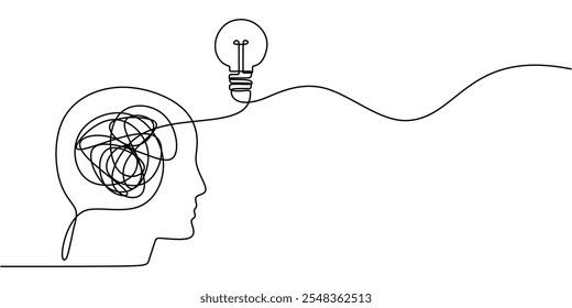 Um cérebro complicado conectado a lâmpadas elétricas, representando um labirinto mental e sua solução, representado em um desenho contínuo de uma linha para ilustrar a resolução de problemas e clareza cognitiva.