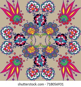 Complicated colorful decorative flower composition. Native motif of flower doodles. Floral vector illustration