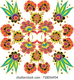 Complicated colorful decorative flower composition. Native motif of flower doodles. Floral vector illustration