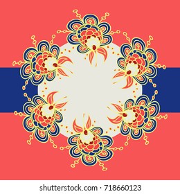 Complicated colorful decorative round flower composition. Native motif of flower doodles. Floral vector illustration