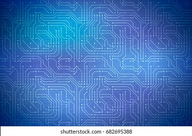 Complicated computer microchip on blue, abstract motherboard horizontal background