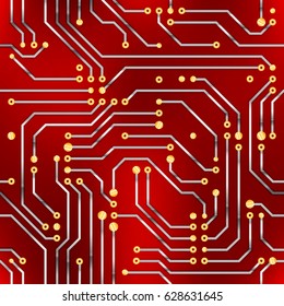 Complicated computer microchip, seamless pattern on red background