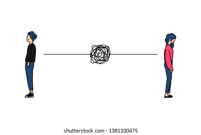 complicated couple bad communication relationship doodle color drawing vector illustration. Standing boy and girl back to back with tangled messy scribble connection line.