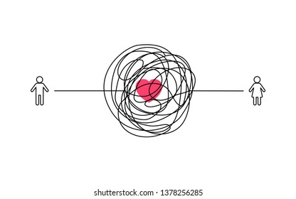 complicated couple love relationship illustration. man and woman symbol with messy line connection. tangled scribble line vector path doodle design.