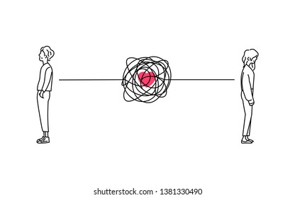 complicated couple love relationship problem doodle drawing vector illustration. Standing boy and girl back to back with tangled messy scribble connection line.