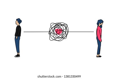 complicated couple love relationship problem doodle color drawing vector illustration. Standing boy and girl back to back with tangled messy scribble connection line.