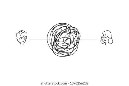 complicated couple relationship problem illustration. sad boy and girl face with messy line connection. tangled scribble line vector path doodle design.