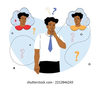 Complicated decision concept. Man chooses between good and bad deed. Evaluation and thought process. Emotions, facial expressions and gestures. Poster or banner. Cartoon flat vector illustration