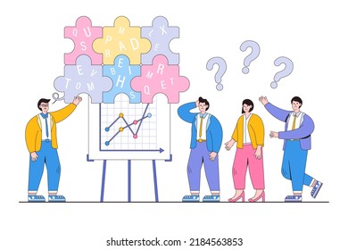 Complicated explanations, poor communication skills, unclear message concepts. Businessman boss have dialogue problem and talking confused when brainstorming or presentation with team members.