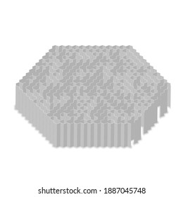 Kompliziertes graues Hexagon-Labyrinth in isometrischer Ansicht auf weißem Hintergrund 