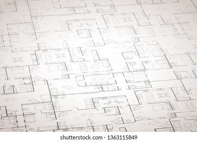 Complicated house floor plan with interior details on construction blueprint scheme on white in perspective, wide detailed background