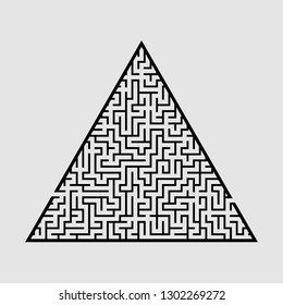 Complicated large triangular labyrinth. Game for kids and adults. Puzzle for children. Labyrinth conundrum. Flat vector illustration isolated on grey background