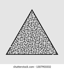 Complicated large triangular labyrinth. Game for kids and adults. Puzzle for children. Labyrinth conundrum. Flat vector illustration isolated on grey background