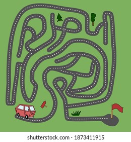 Complicated maze, labyrinth game with red car van, cartoon vector illustration. Challenge to find a way for the car to the finish on the road.