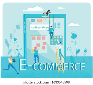 Complicated Online Store Creation and E-Commerce Development. Web Designers, Analysts and Programmers Team Constructing Mobile Applications, Internet Shop Interface. Vector Illustration