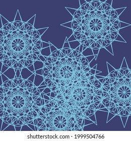 Complicated Ornamental Indigo Lace Ice Pattern Chaotic Calm Pattern. Textile Print Vintage Shapes Blue Stars Luxury Mystery Background. Light Mandala Folk Dark Cold Turquoise Messy Wallpaper.