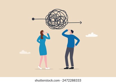 Complicated problem, complexity or difficulty, solving difficult problem, challenge or trouble, thinking or brainstorm for solution concept, business people thinking with chaos messy tangle knot.