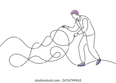 Kompliziertes Problem, Komplexität oder Schwierigkeit, Lösung schwieriger Probleme, Herausforderung oder Probleme, Denken oder Brainstorming für Lösungskonzept, Doodle Flat Line Art Illustration