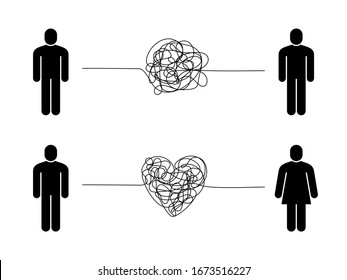 Complicated relationship. Love couple problem, tangled messy scribble connection line, unhappy people hard difficult communication, vector concept