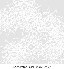 Complicated Satanic Winter Lace Cold Grey Mandala Calm Illustration. Light Ornamental Mystery Sharp Chaotic Luxury Silver Monochrome Background. Folk Stars Soft White Frost Ice Pastel Print Ornament.