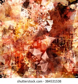 Complicated seamless pattern of triangles. Bright blotches in transparent brown elements. Mix from stains and scratches. Glowing crystals