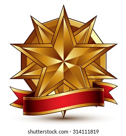 Complicated vector golden design element with polygonal decorative star and red curvy ribbon. 3d luxury medallion isolated on white background.