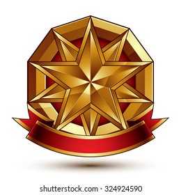 Complicated vector golden design element with polygonal decorative star and red curvy ribbon. 3d luxury medallion isolated on white background. Round festive three-dimensional badge.