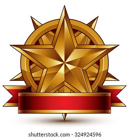 Complicated vector golden design element with polygonal decorative star and red curvy ribbon. 3d luxury medallion isolated on white background. Round festive three-dimensional badge.