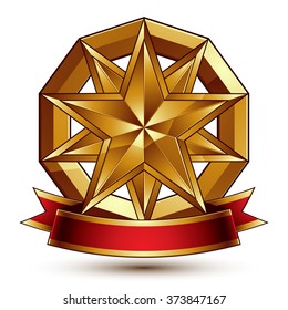 Complicated vector golden design element with polygonal decorative star and red curvy ribbon. 3d luxury medallion isolated on white background. Round festive dimensional badge with refined tape.