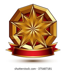 Complicated vector golden design element with polygonal decorative star and red curvy ribbon. 3d luxury medallion isolated on white background. Round festive dimensional badge