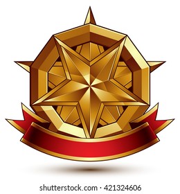 Complicated vector golden design element with pentagonal decorative star and red curvy ribbon. 3d luxury medallion isolated on white background. Round festive dimensional badge with refined tape.