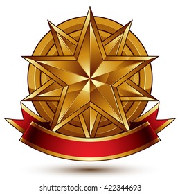 Complicated vector golden design element with polygonal decorative star and red curvy ribbon. 3d luxury medallion isolated on white background. Round festive dimensional badge with refined tape.