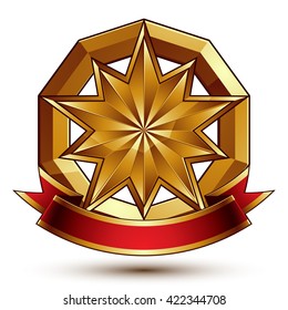 Complicated vector golden design element with polygonal decorative star and red curvy ribbon. 3d luxury medallion isolated on white background. Round festive dimensional badge with refined tape.

