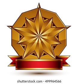 Complicated vector golden design element with polygonal decorative star and red curvy ribbon. 3d luxury medallion isolated on white background. Round festive dimensional badge with refined tape.

