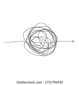 Complicated way with scribbled round element, pass the way linear arrow. Chaos symbol vector illustration isolated on white background.